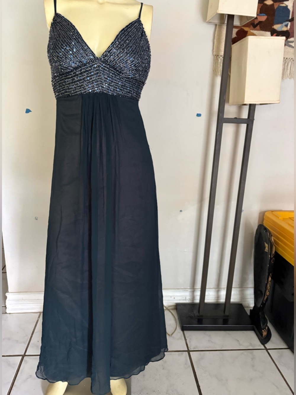 Adrianna Papell Navy Beaded Maxi Evening Gown Dress Size 4